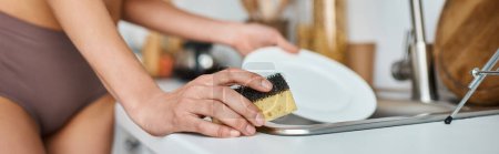 cropped banner of african american woman in lingerie washing plate with sponge in kitchen