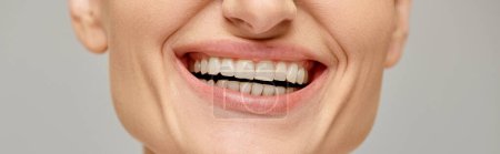 Téléchargez les photos : Bannière recadrée de femme heureuse exsudant sourire joyeux et sain sur fond gris, dents blanches - en image libre de droit