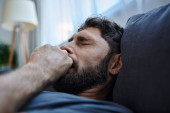 anxious man with beard in casual clothes suffering during breakdown, mental health awareness puzzle #694537878