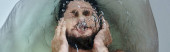 frustrated depressed man drowning in bathtub during breakdown, mental health awareness, banner magic mug #694539558
