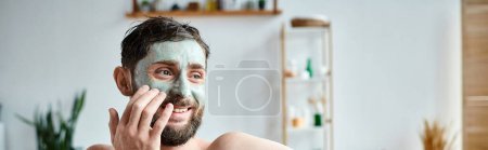 handsome jolly man with beard and face mask chilling in his bathtub, mental health awareness, banner