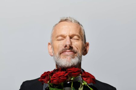 joyful good looking mature man in chic tuxedo holding red roses bouquet and smiling with closed eyes