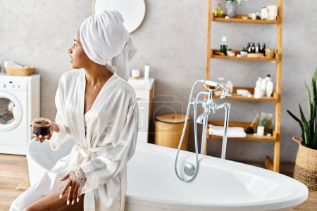 A woman with afro braids relaxes in a bathtub, exfoliating body with scrub in her modern bathroom.