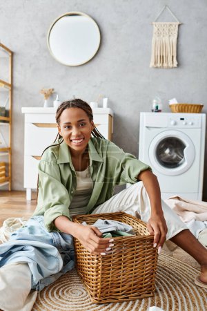 Eine afroamerikanische Frau mit Afro-Zöpfen sitzt auf dem Boden, umgeben von einem Korb voller Kleidung, und wäscht ihre Wäsche.