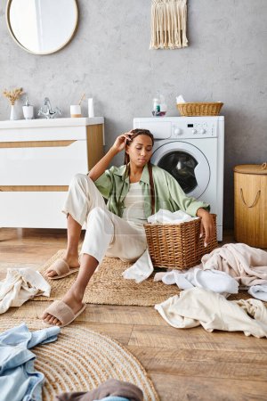 Una mujer afroamericana con trenzas afro se sienta junto a una canasta de ropa en un baño, dedicada a las tareas domésticas.
