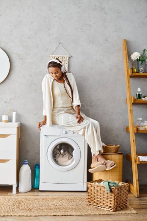 An African American woman with afro braids sitting proudly on top of a washing machine, tackling the laundry in her bathroom.