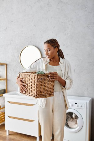 Femme afro-américaine avec des tresses tenant un panier en osier devant une machine à laver dans une salle de bain.