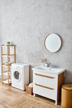 cuarto de baño moderno blanco limpio con lavadora y secadora, centrándose en la rutina de belleza e higiene.