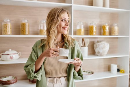 Téléchargez les photos : Une femme se tient devant une étagère, tenant une tasse et une soucoupe dans un cadre de cuisine. - en image libre de droit