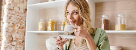 Téléchargez les photos : Une femme dans une cuisine tenant une tasse de café et entrant en contact visuel avec la caméra. - en image libre de droit