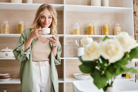 Woman standing in front of kitchen shelf, holding a cup.