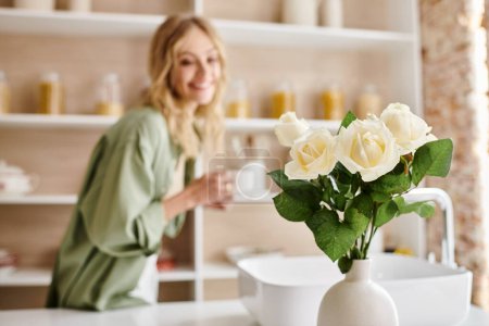 A woman sits at a kitchen table with a vase of flowers.