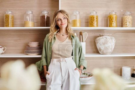 Téléchargez les photos : Une femme debout devant une étagère remplie de divers plats dans une cuisine. - en image libre de droit