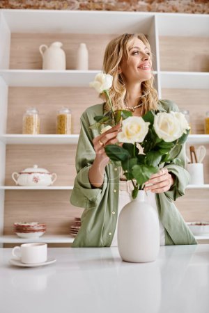 Una mujer se sienta en una mesa de la cocina con un jarrón de flores.