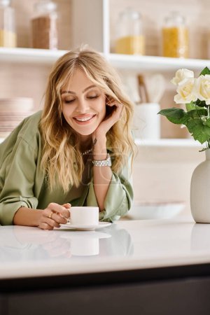 Femme assise à la table de cuisine avec une tasse de café.