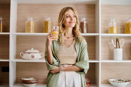 A woman stands in a kitchen, holding a glass in front of shelves.