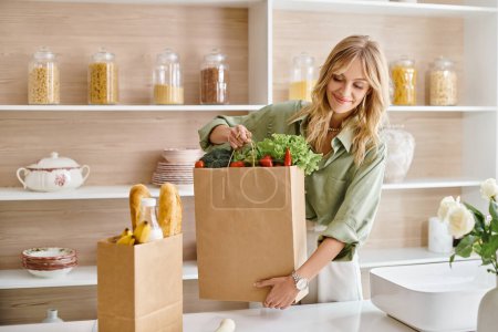 Téléchargez les photos : Une femme dans une cuisine tenant un sac d'épicerie rempli de légumes frais. - en image libre de droit