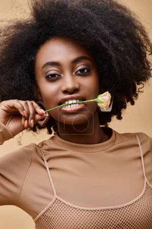 Photo for Daring curly african american woman in 20s biting small rose on beige background, peach fuzz color - Royalty Free Image