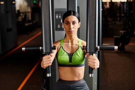 athletische, gut aussehende Frau in Sportbekleidung, die auf Brustpressmaschine trainiert und in die Kamera schaut