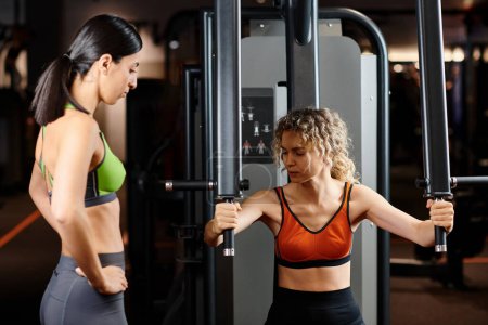 beautiful female coach explaining to her appealing jolly client how to use chest press machine