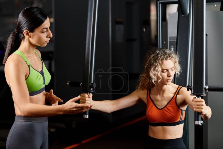 Photo for Beautiful female coach explaining to her appealing jolly client how to use chest press machine - Royalty Free Image