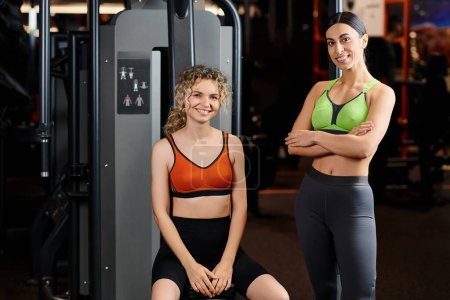 jolly attractive female coach and her cheerful client looking at camera near chest press machine