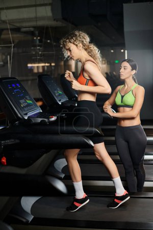 Foto de Buen aspecto deportivo entrenador femenino y su cliente rubio en ropa deportiva haciendo ejercicio en la caminadora en el gimnasio - Imagen libre de derechos