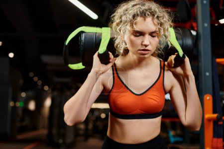 mujer rubia de buen aspecto en ropa deportiva acogedora haciendo ejercicio activamente con bolsa de energía mientras está en el gimnasio