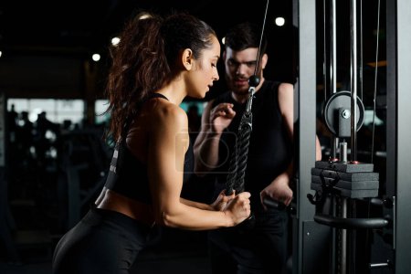 A personal trainer guides a brunette sportswoman in a workout at the gym, both driven and focused on achieving fitness goals.