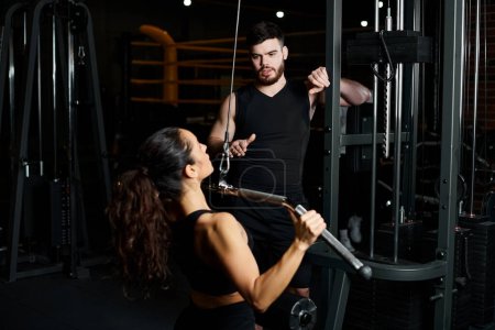 Trainer führt eine brünette Sportlerin durch Übungen in einem lebendigen Fitnessstudio.