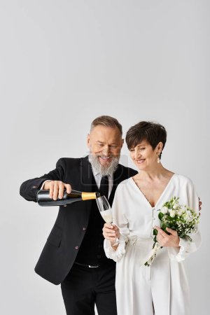 Middle aged bride and groom in wedding attire holding a bottle of champagne, celebrating their special day in a studio setting.