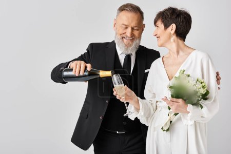 Middle-aged bride and groom in wedding attire happily hold a bottle of champagne, celebrating their special day in a studio setting.