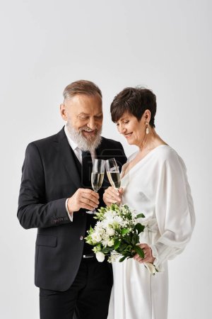 Téléchargez les photos : Mariée d'âge moyen et marié se tiennent élégamment côte à côte, tenant des verres de champagne dans un cadre de studio, célébrant leur jour spécial. - en image libre de droit