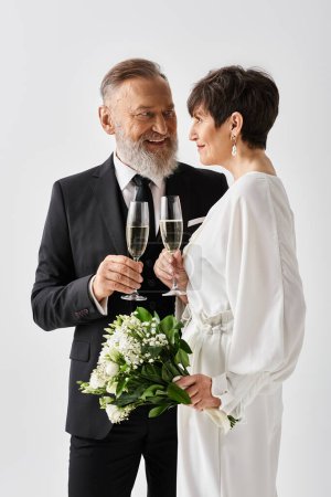 Middle-aged bride and groom in wedding attire standing close, holding champagne glasses in a celebratory gesture.