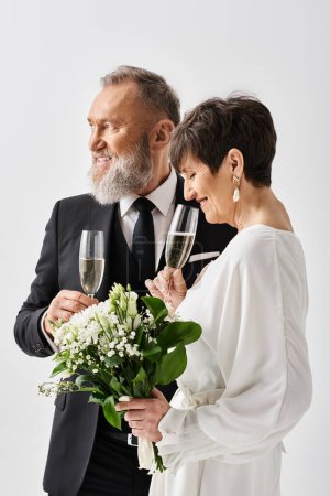 Foto de Novia de mediana edad y el novio en traje de boda de pie al lado del otro, sosteniendo copas de champán, celebrando en un entorno de estudio. - Imagen libre de derechos