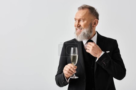 Un novio de mediana edad en un elegante traje sosteniendo una copa de champán en el día de su boda, exudando sofisticación y celebración.