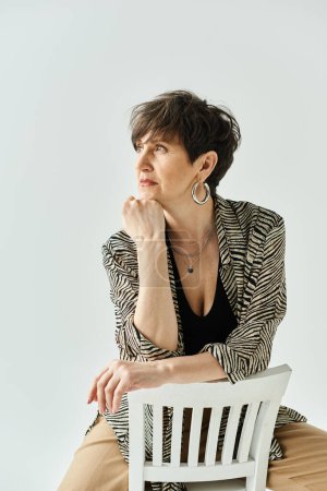 A middle aged woman with short hair elegantly poses on top of a white chair in a stylish studio setting.