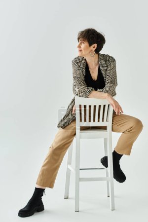 A middle-aged woman with short hair sits gracefully on a white chair in a stylish studio setting.