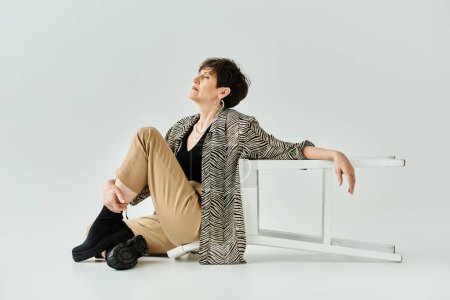 Photo for Stylishly attired middle aged woman with short hair sits on ground, legs crossed, exuding a sense of peace and introspection. - Royalty Free Image