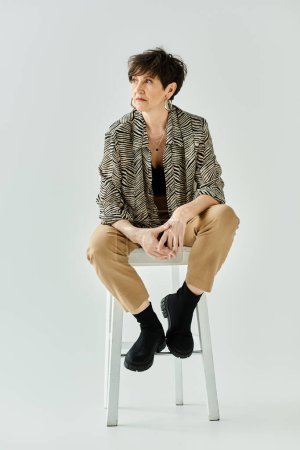 A middle aged woman with stylish attire and short hair gracefully perched on top of a white stool in a studio setting.
