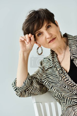 A middle-aged woman with short hair exudes grace while sitting on top of a sleek white chair in a chic studio setting.