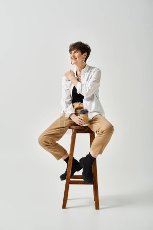 Photo for A middle-aged woman with short hair strikes a pose on a stool in a stylish studio setting. - Royalty Free Image