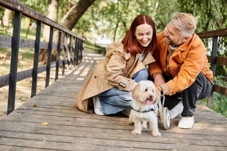 Un hombre y una mujer con atuendo casual acarician cariñosamente a un perro en un puente en un parque.