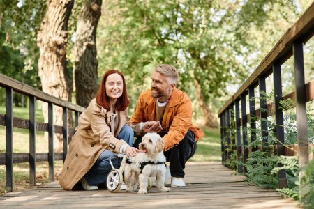 A loving couple sits on a bridge with their two dogs, enjoying a peaceful moment in the park.
