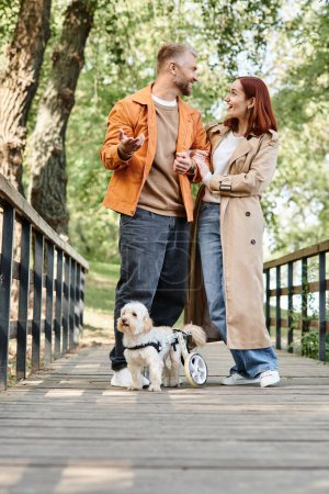 Adult couple in casual attire walking their dog across a bridge.
