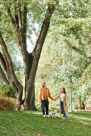 A couple takes a leisurely walk with their dog in a lush park.