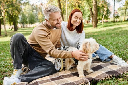 A man and woman in casual attire sit on a blanket with their dog in a park.