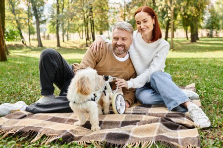 Téléchargez les photos : Un homme et une femme se détendent sur une couverture avec un chien dans un cadre paisible du parc. - en image libre de droit