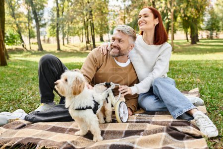 A loving couple and their dog sit peacefully on a blanket in the park.