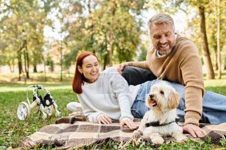 Photo for A couple relaxes on a blanket in the park with their dog by their side. - Royalty Free Image